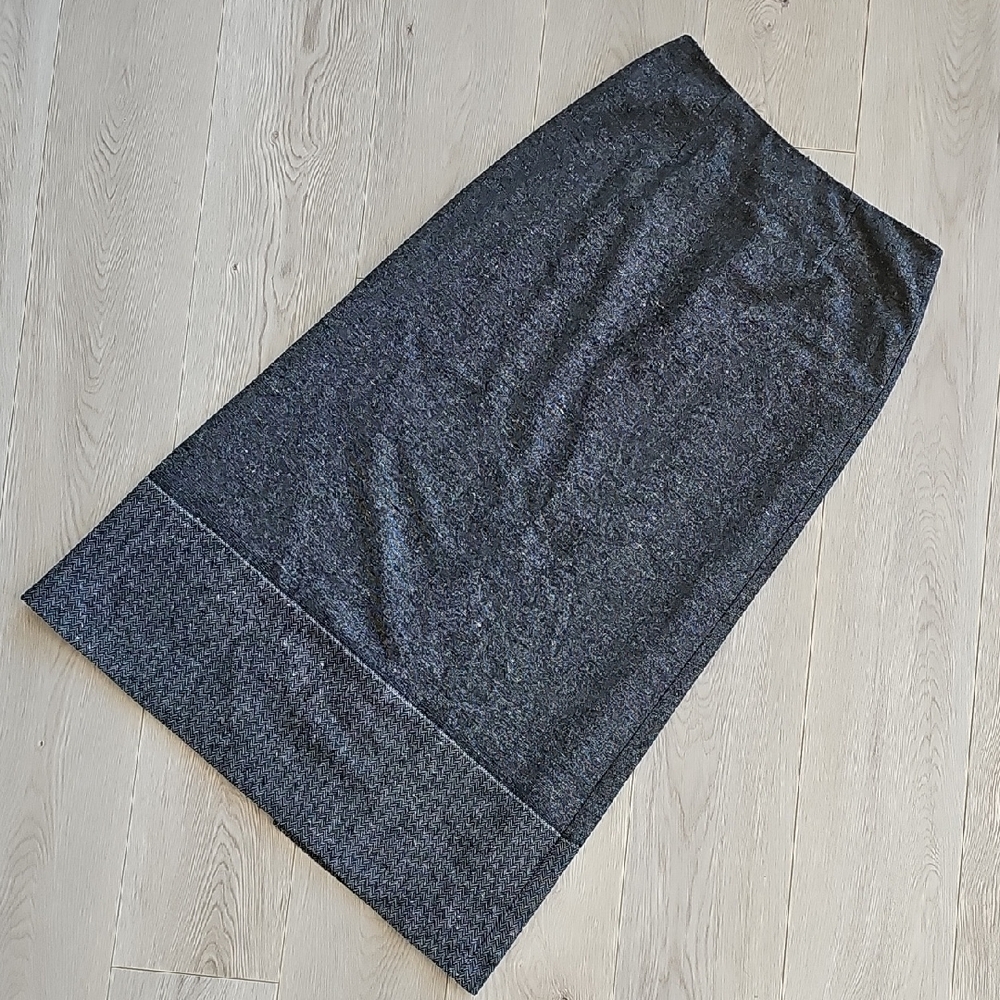 Vintage Grey Wool Blend Midi Pencil Skirt Back Slit Tailored Minimalist Office